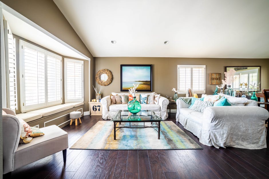 Beautiful living room featuring custom plantation shutters